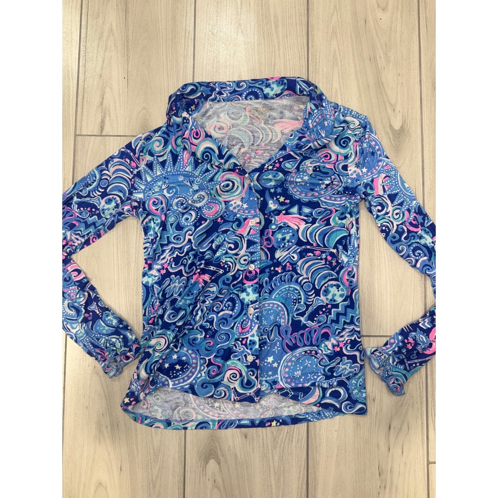 Lilly Pulitzer XS Blue Pink Celestial Psychedelic Ruffle Sleeve Pajama Top